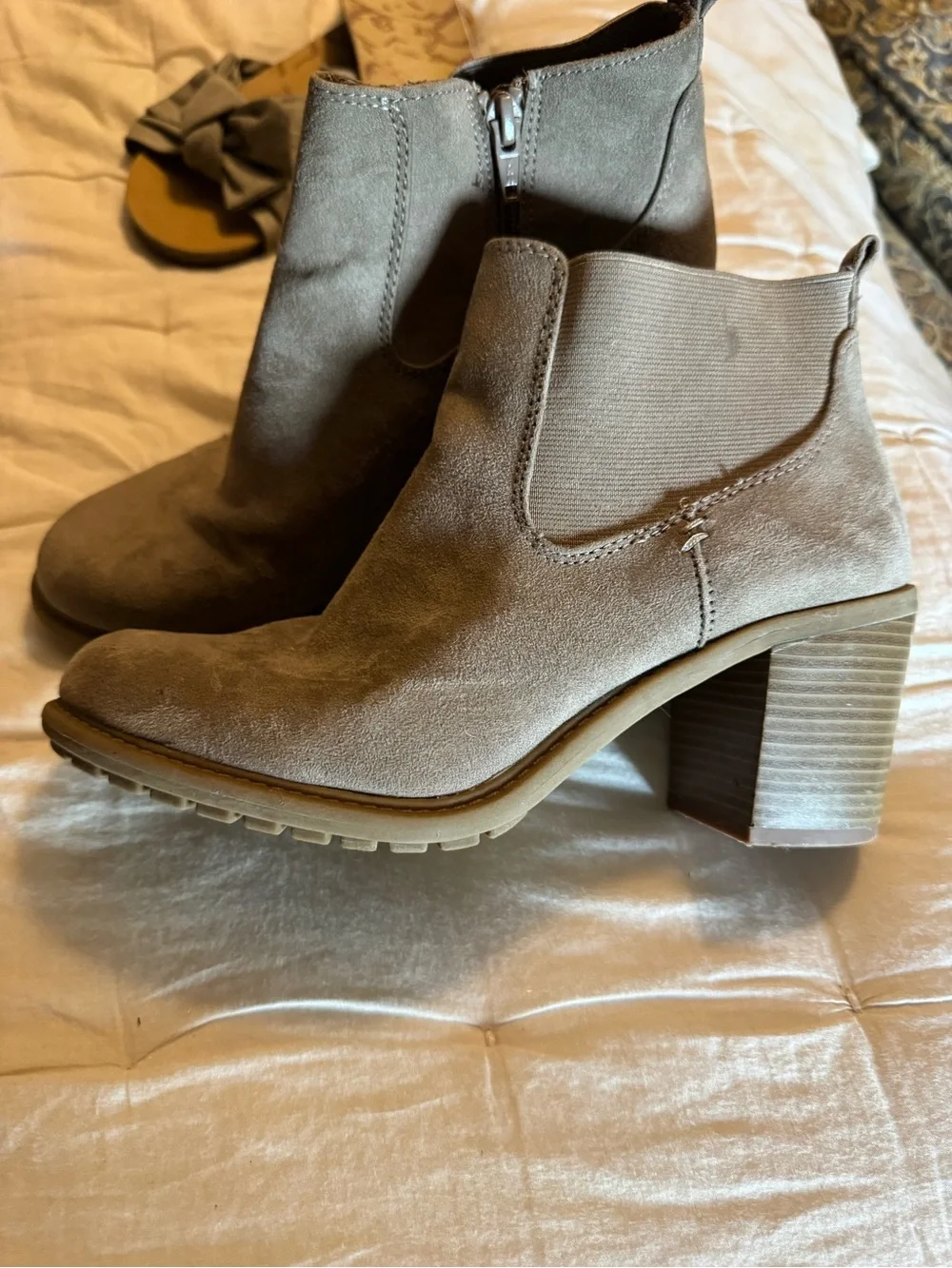 Bass Pro Shops Taupe Suede Block Heel Ankle Booties